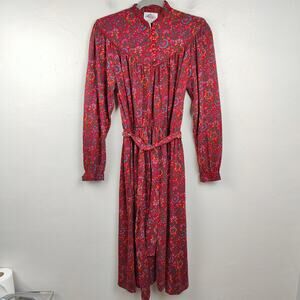 Vintage Lanz Originals Midi Dress Womens Medium Red Floral Long‎ Sleeve Prairie
